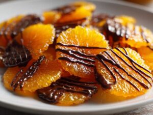 Close-up of candied orange slices drizzled with dark chocolate on a white plate.