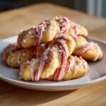Close-up of twisted candy cane cookies drizzled with white icing and sprinkled with crushed candy cane pieces.