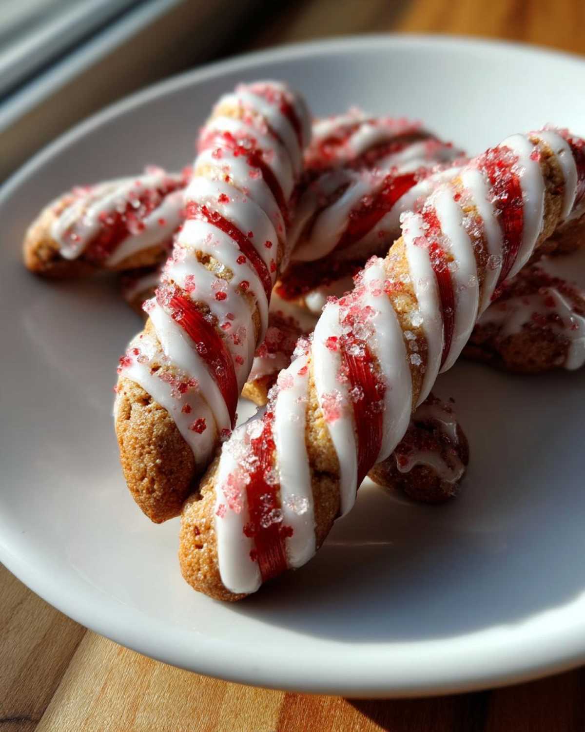 Close-up of twisted candy cane cookies decorated with white icing and red sugar crystals.
