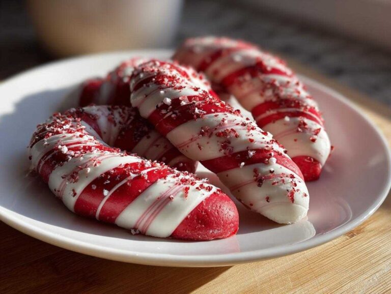 Close-up of festive candy cane cookies decorated with white chocolate drizzle and crushed candy pieces.