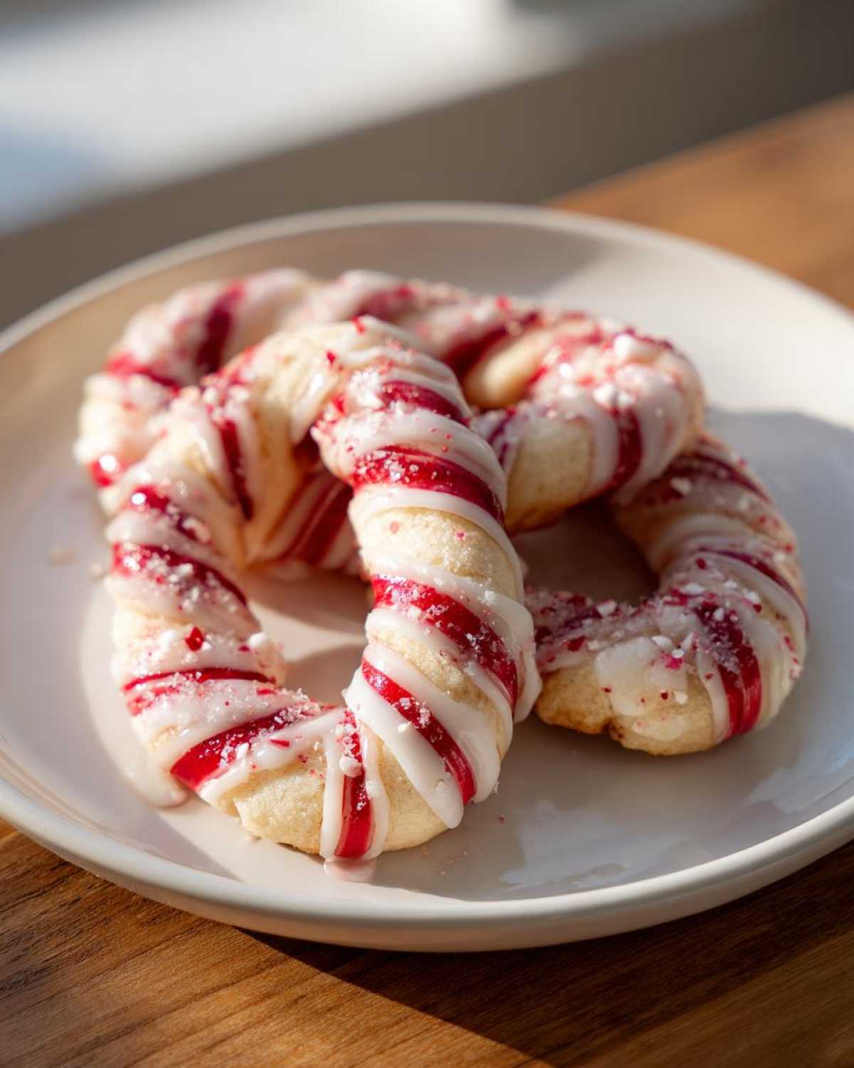 Close-up of festive candy cane cookies drizzled with white icing and crushed candy cane pieces.