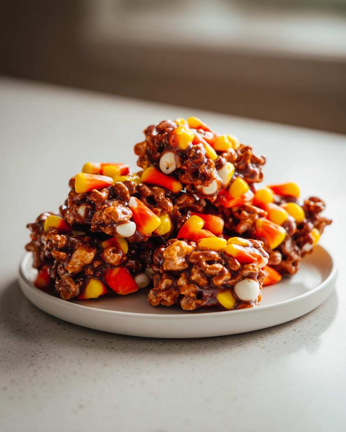A stack of homemade Halloween treats made with chocolate, marshmallows, and plenty of candy corn.