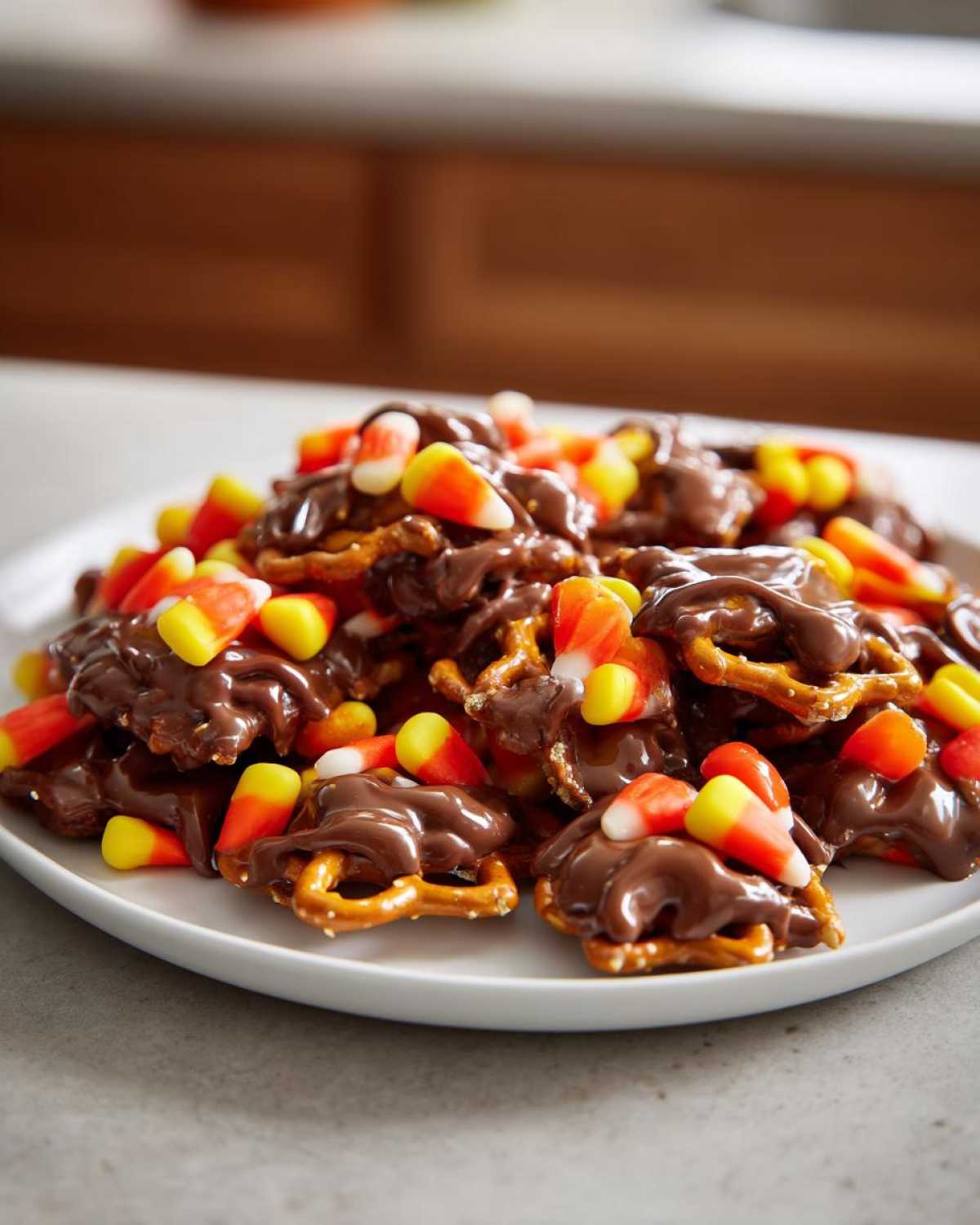 A pile of chocolate-covered pretzels topped with candy corn, perfect for Halloween.