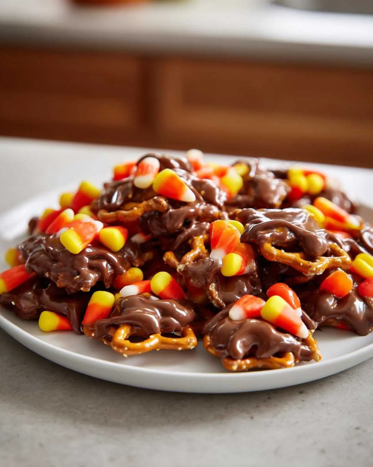 A pile of chocolate-covered pretzels topped with candy corn, perfect for Halloween.