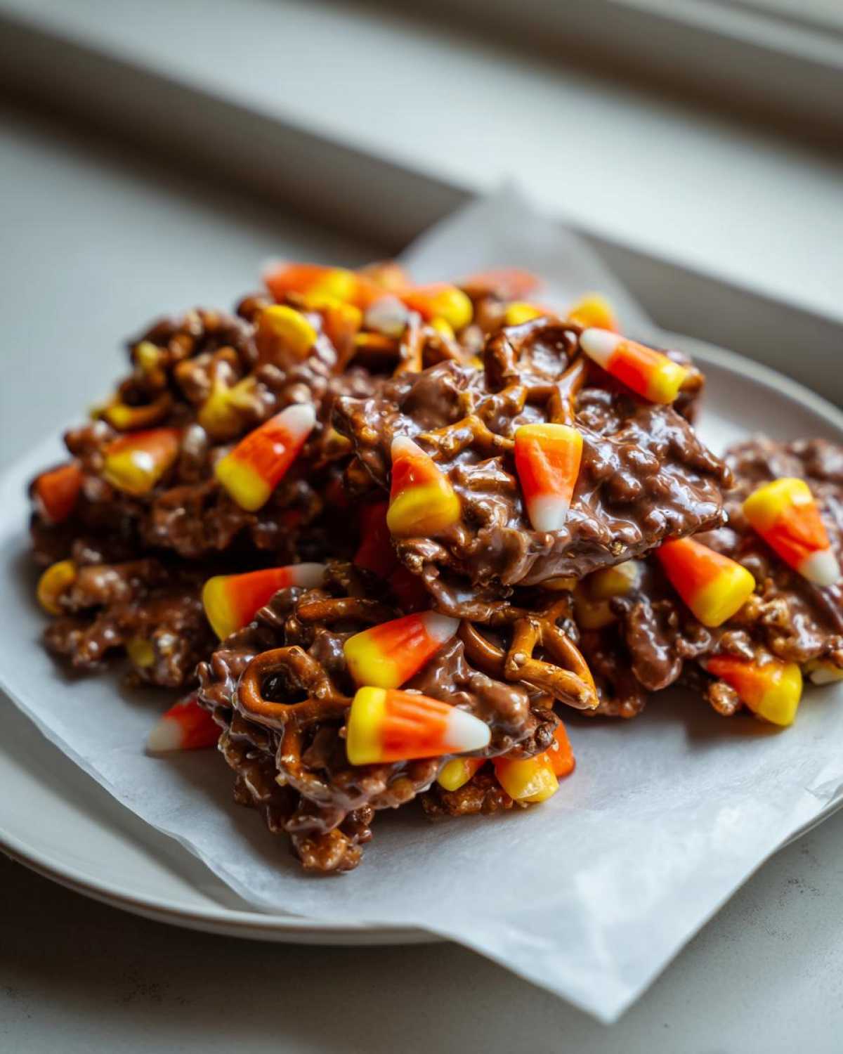 A pile of chocolate-covered pretzel clusters topped with colorful candy corn.