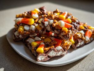 Close-up of delicious Halloween candy corn treats on a white plate, featuring chocolate, pretzels, and marshmallows.