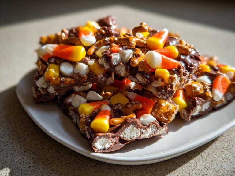 Close-up of delicious Halloween candy corn treats on a white plate, featuring chocolate, pretzels, and marshmallows.