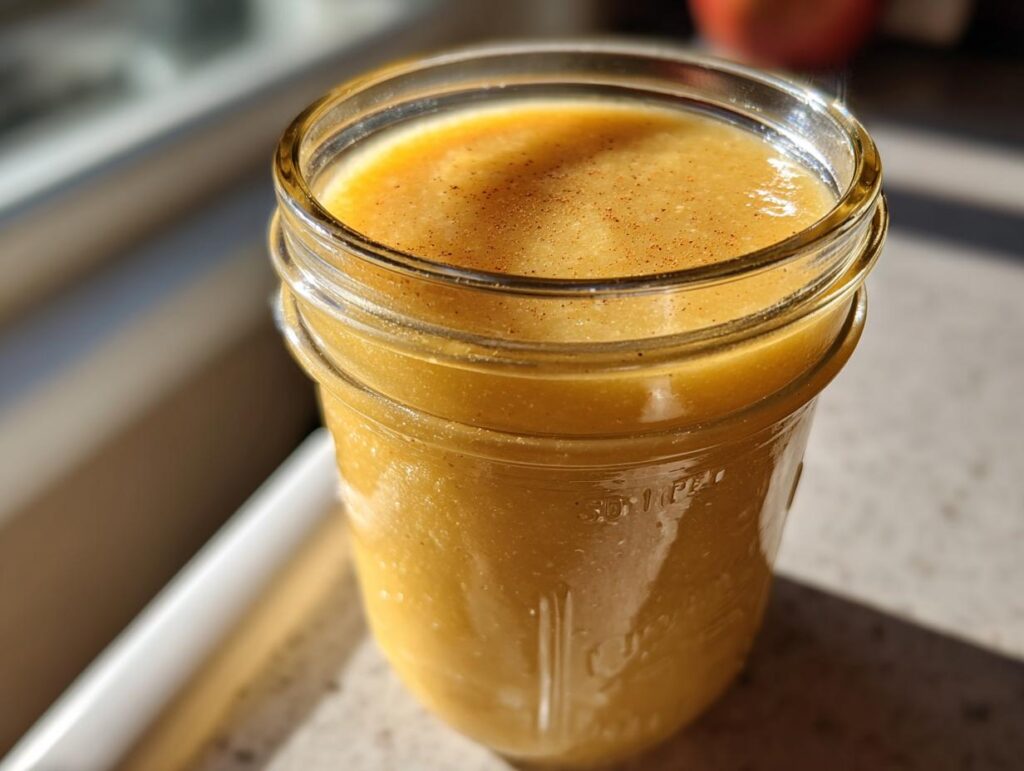 A filled glass jar of canning applesauce, ready for processing. The applesauce has a light dusting of spice on top.