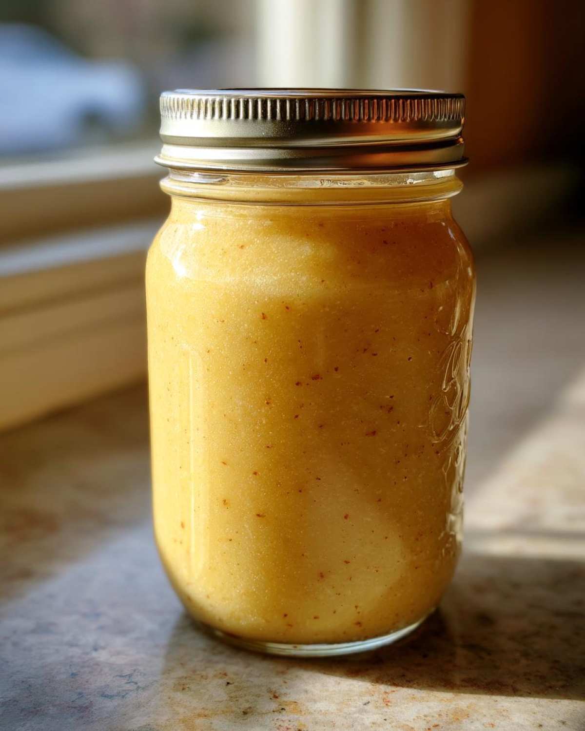 A sealed jar of homemade canning applesauce sits on a countertop, ready to be stored.