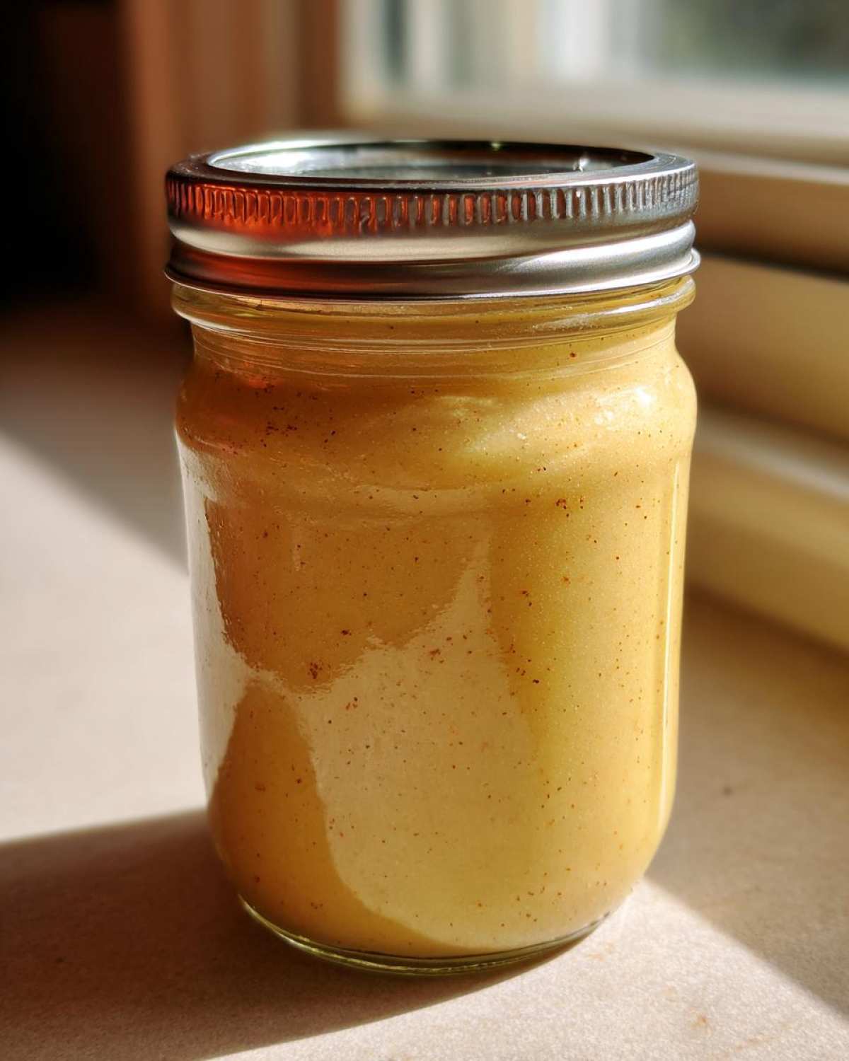 A sealed jar of homemade canning applesauce sits on a windowsill, lit by natural light.