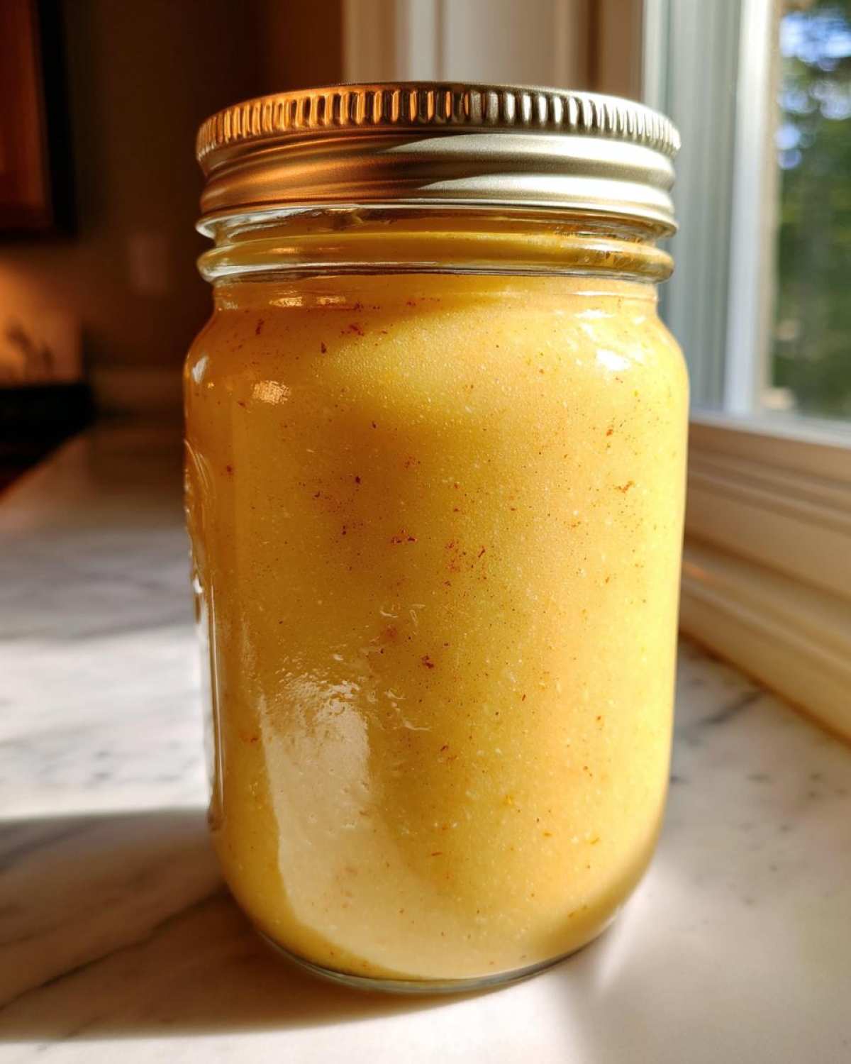 A sealed mason jar filled with homemade canning applesauce, ready for storage.