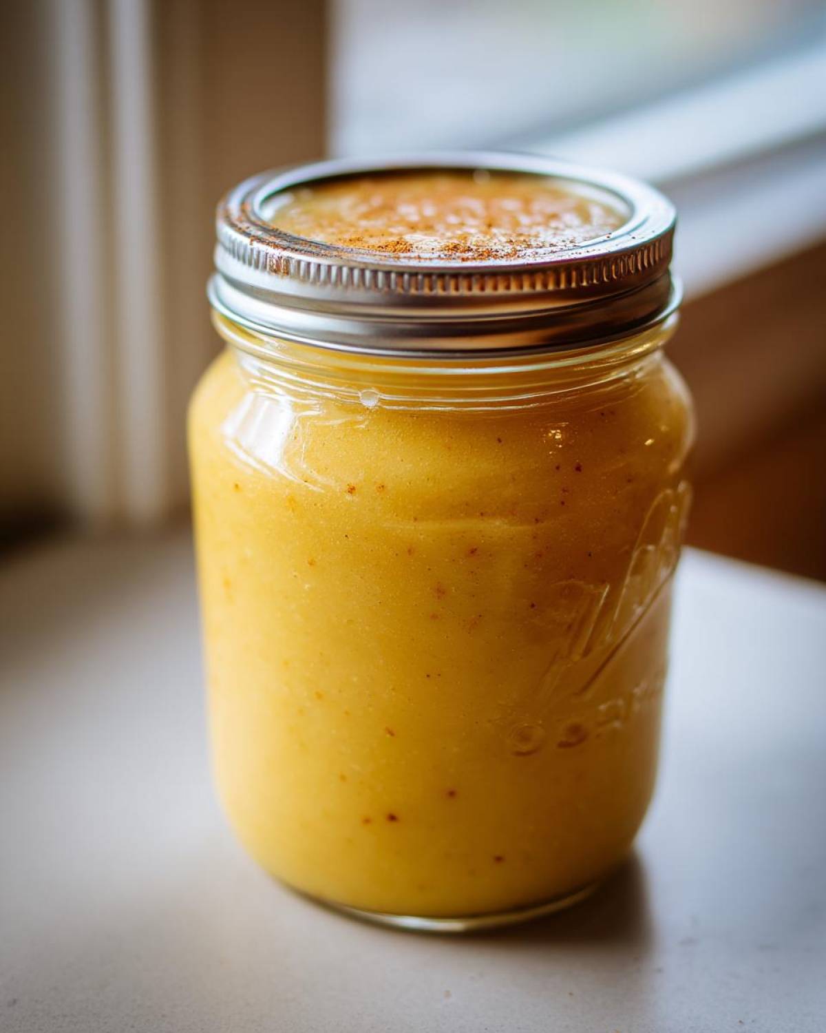 A sealed mason jar filled with freshly made canning applesauce, topped with a sprinkle of cinnamon.