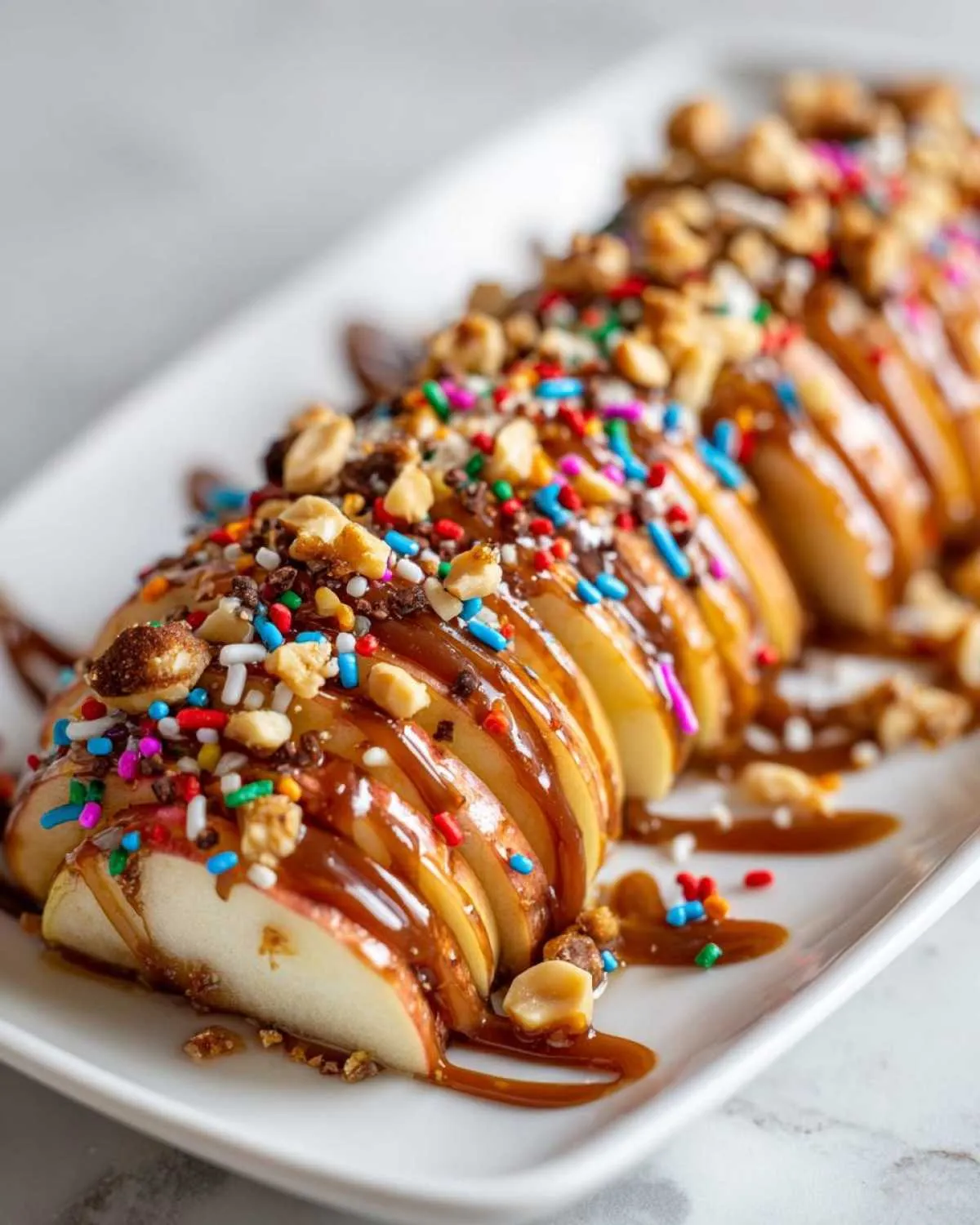 Close-up of sliced apples drizzled with caramel and topped with colorful sprinkles and chopped nuts, part of a caramel apple bar.