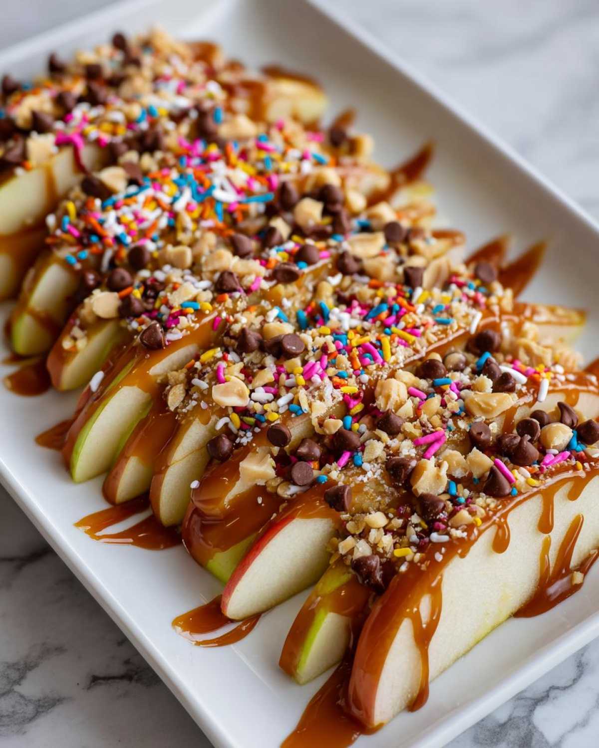 Slices of apple covered in caramel, chocolate chips, nuts, and colorful sprinkles, arranged on a white platter for a caramel apple bar.