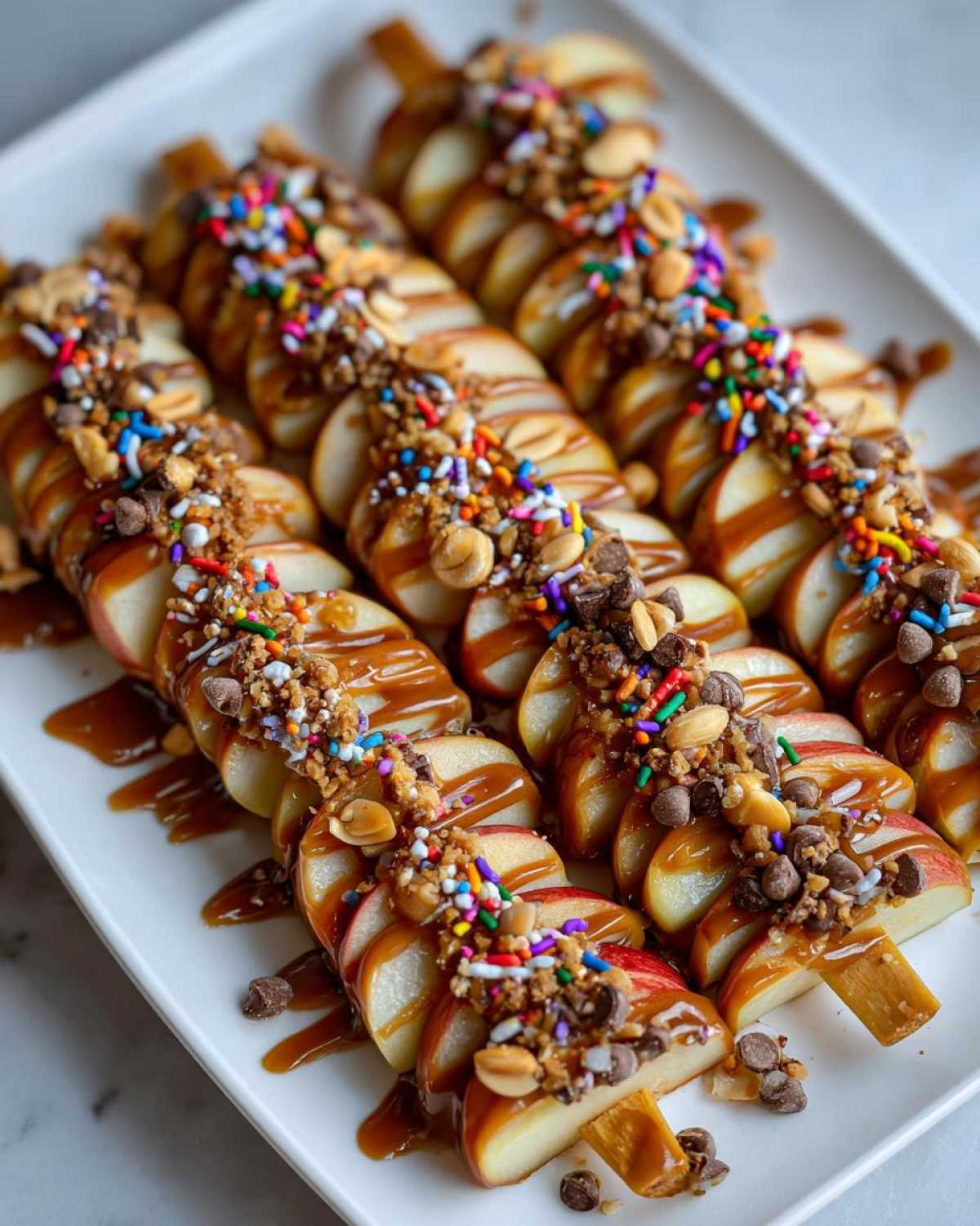 Close-up of a white platter filled with sliced apples drizzled with caramel and topped with sprinkles, nuts, and chocolate chips for a caramel apple bar.