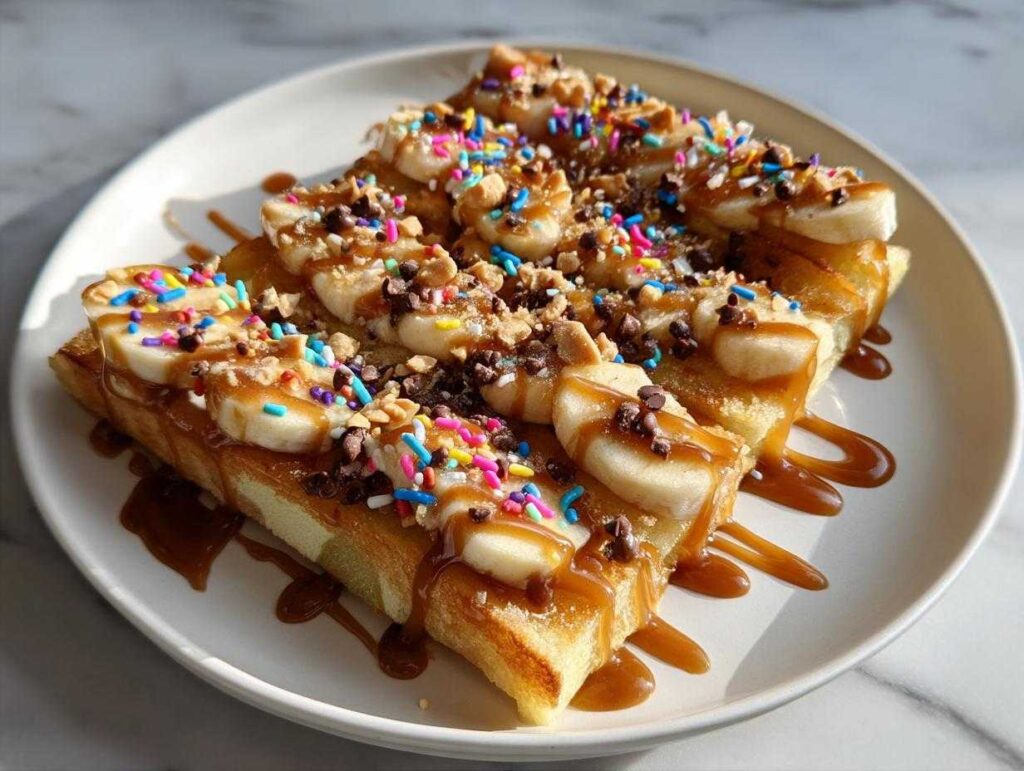 Close-up of a caramel apple bar topping featuring sliced bananas, chocolate chips, sprinkles, and caramel drizzle on a white plate.