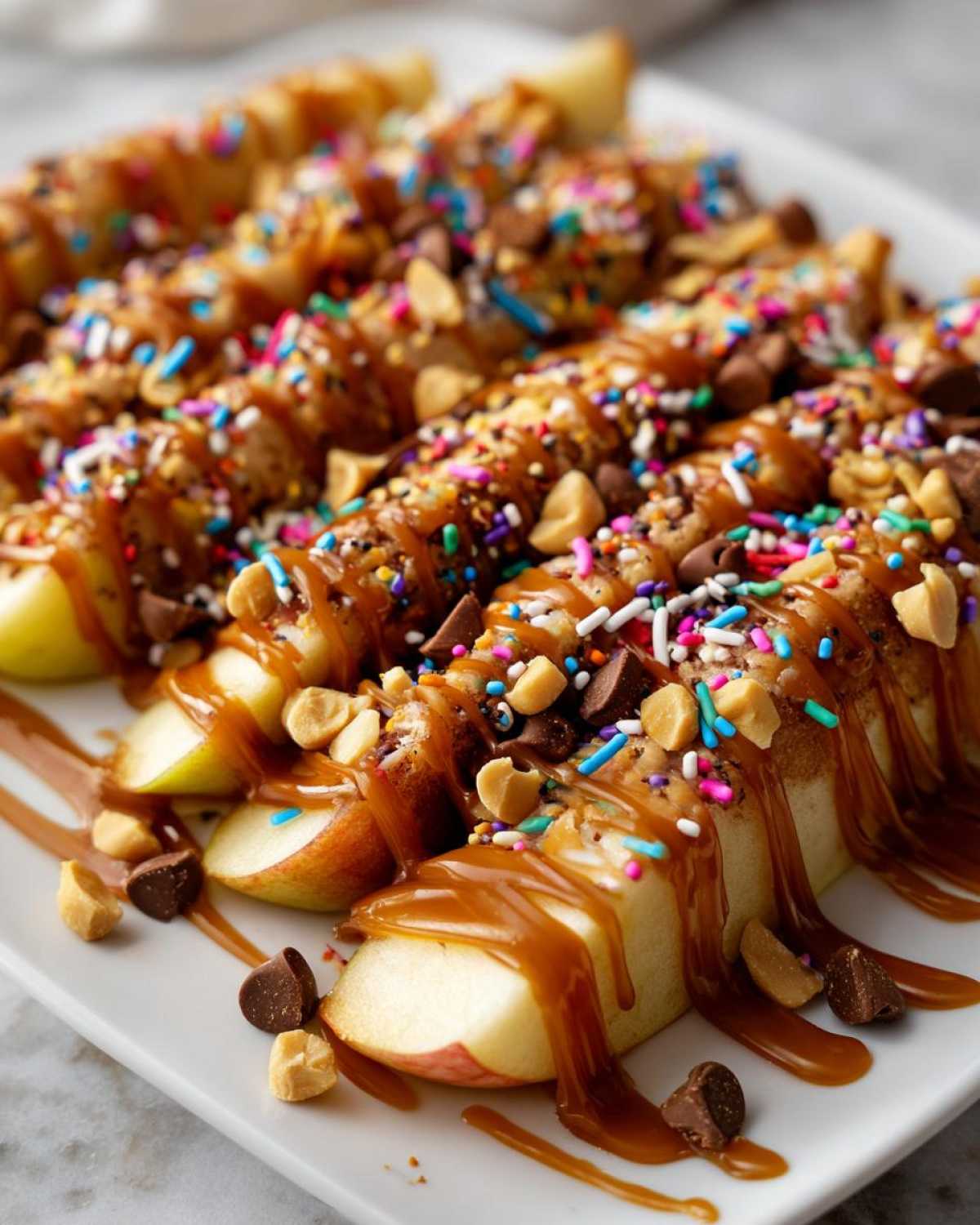 Close-up of a caramel apple bar with apple slices topped with caramel, chocolate chips, peanuts, and sprinkles.
