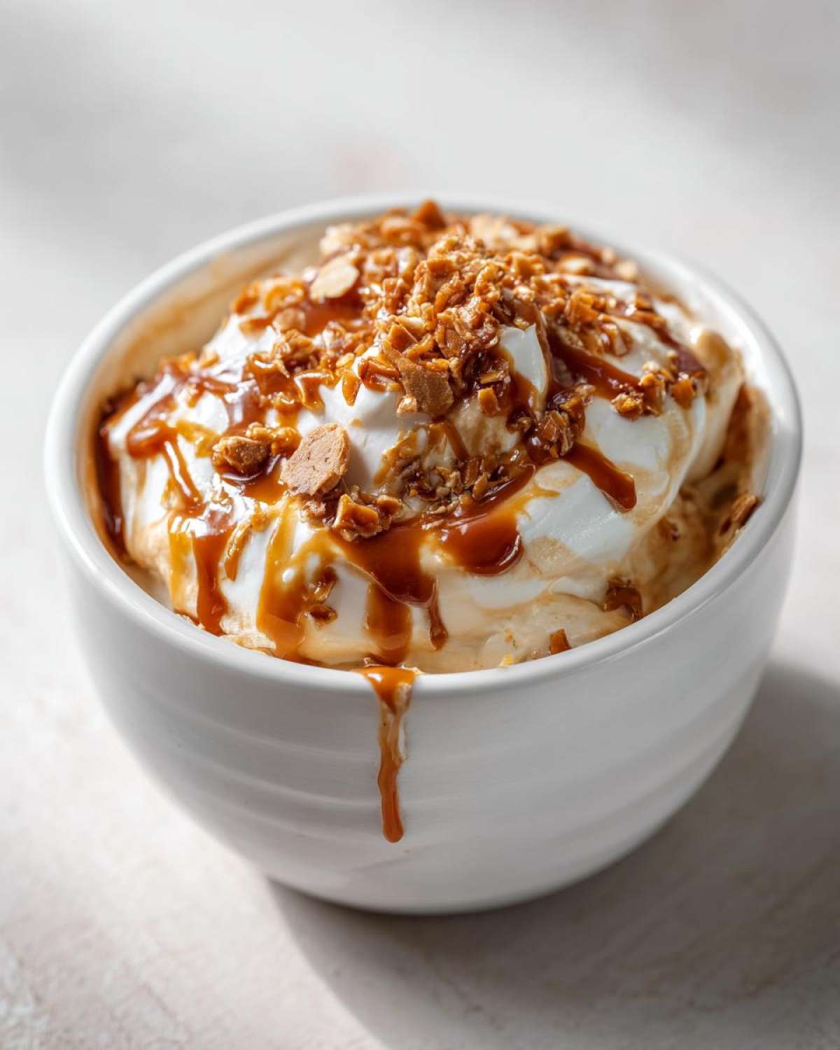A close-up of a white bowl filled with creamy caramel apple dip, topped with whipped cream, caramel drizzle, and crunchy toffee bits.