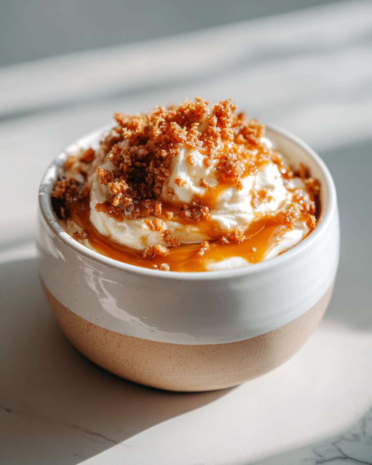 Close-up of a bowl filled with creamy caramel apple dip, drizzled with caramel sauce and topped with crunchy crumbs.