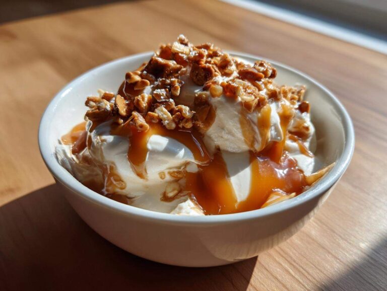 A bowl of creamy caramel apple dip topped with crunchy nuts and drizzled with caramel sauce.