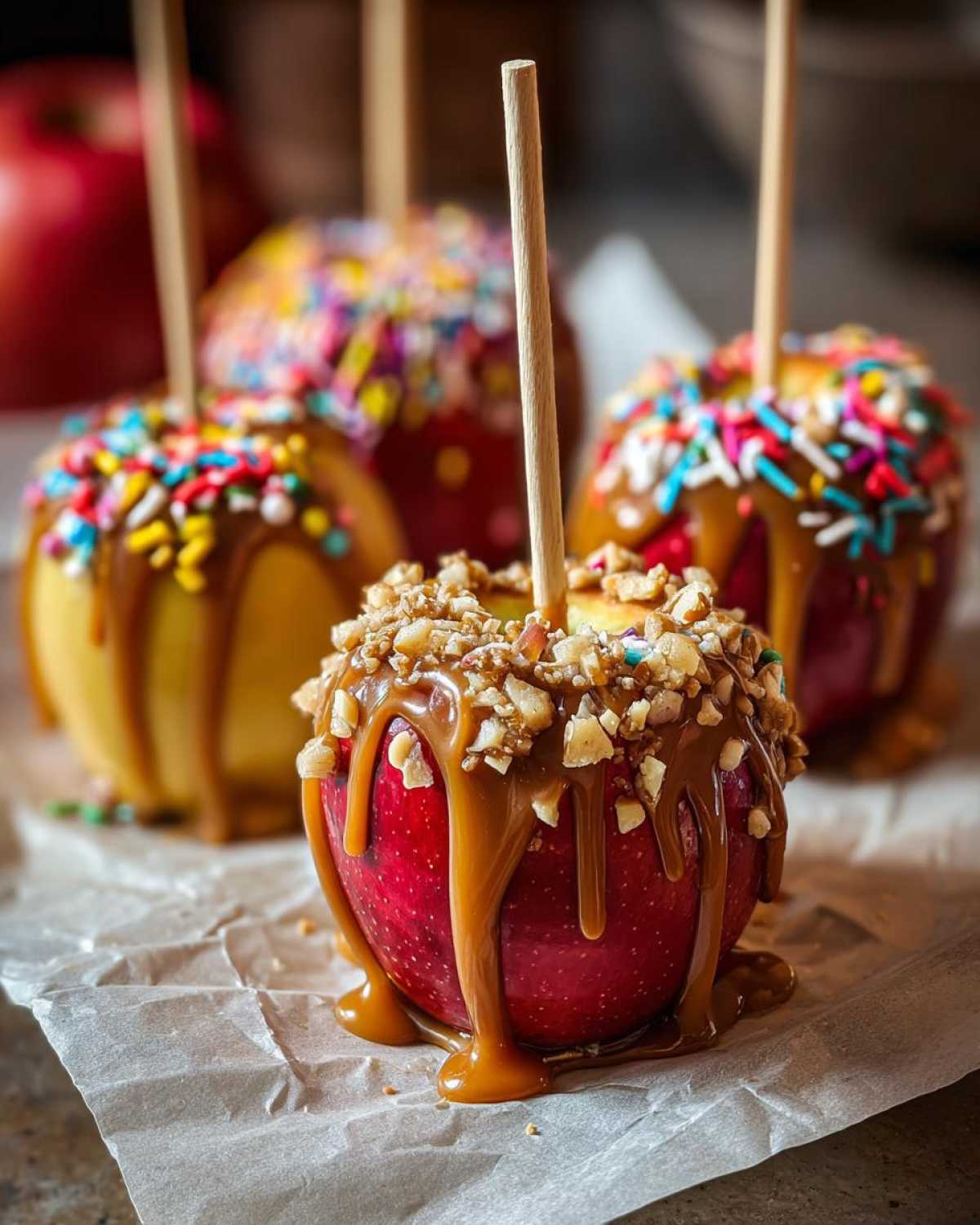 Close-up of red caramel apple slices topped with chopped nuts and drizzled with caramel, with other caramel apples in the background.