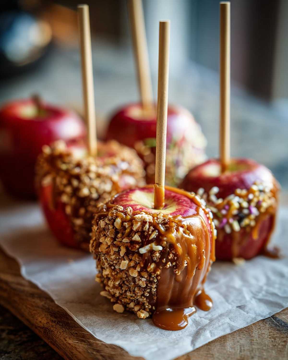 Close-up of several caramel apple slices on sticks, coated in nuts and sprinkles, with caramel dripping.