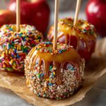 Close-up of three caramel apple slices on sticks, decorated with colorful sprinkles and crunchy toppings.