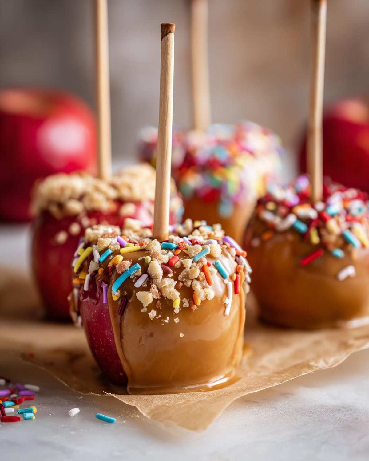 Close-up of caramel apple slices on sticks, covered in caramel, sprinkles, and chopped nuts.