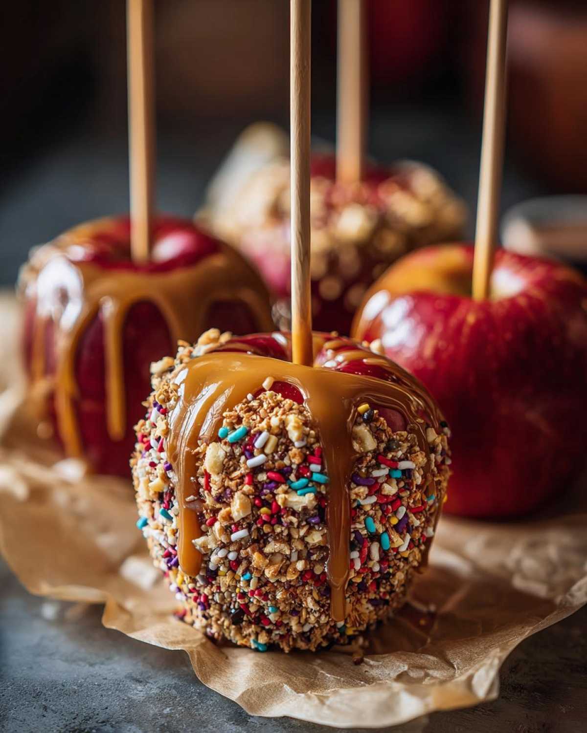 Close-up of a caramel apple slice covered in nuts and colorful sprinkles, with caramel dripping down.