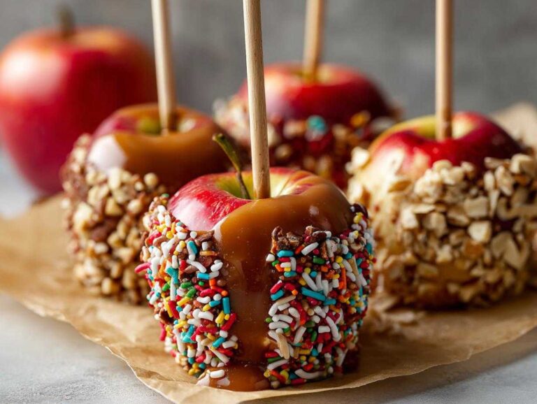 Close-up of several caramel apple slices on sticks, decorated with colorful sprinkles and chopped nuts.