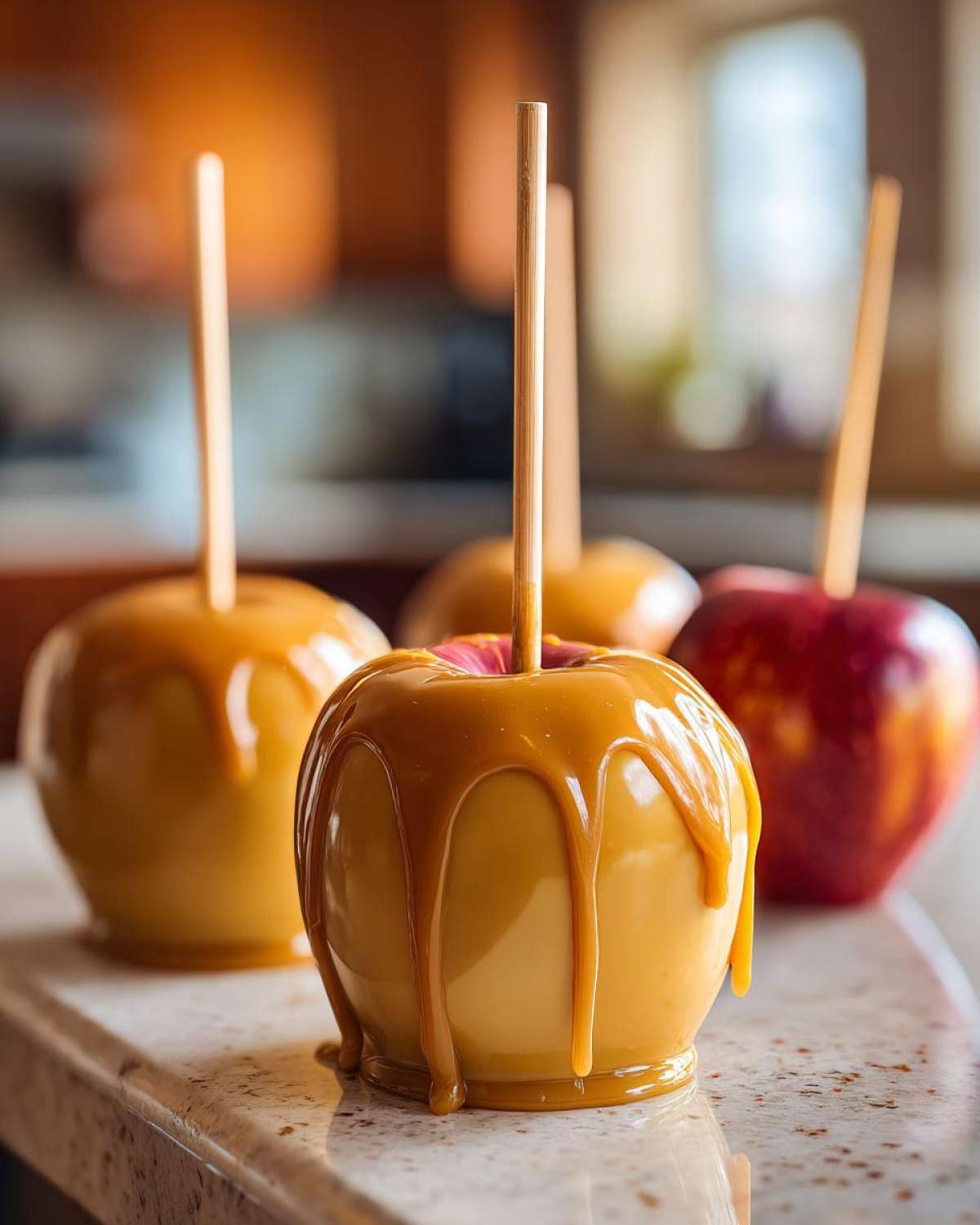 Close-up of glossy caramel apples with thick caramel dripping down the sides, on a countertop.