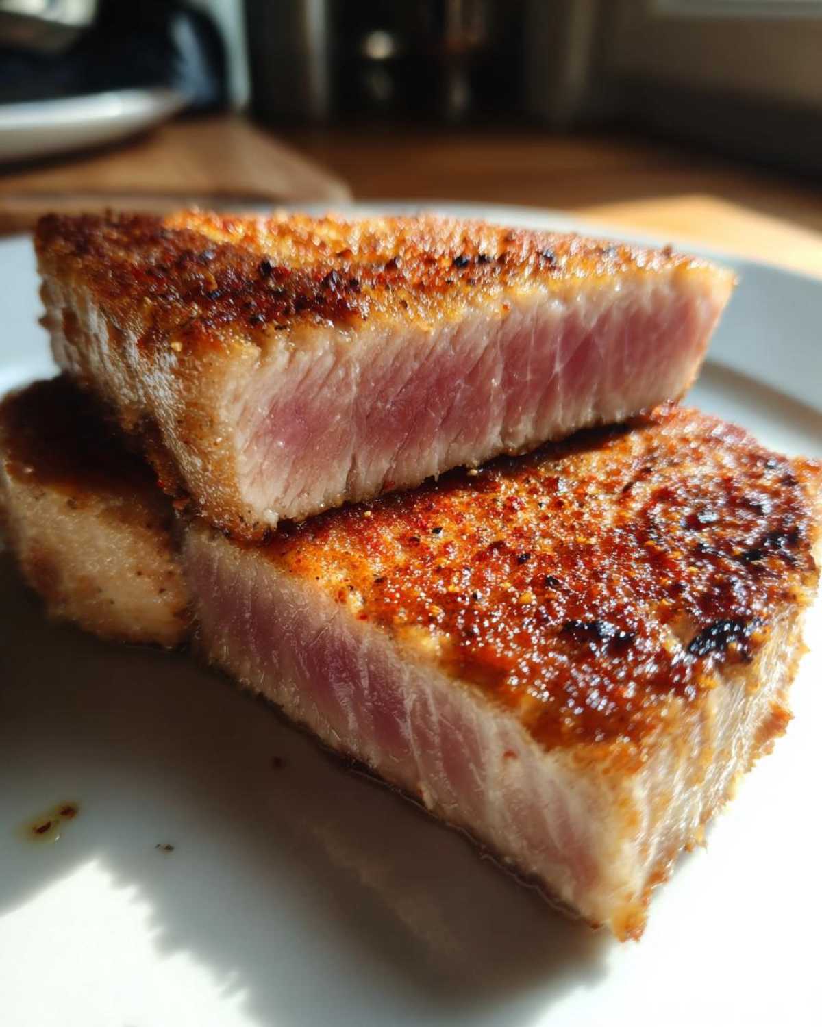 Close-up of tuna steaks cooked in a cast iron skillet, showing a perfect sear and rare center.