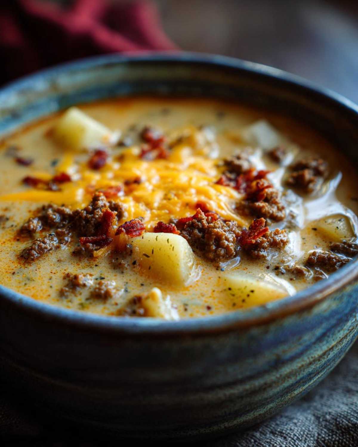 A close-up of a bowl of creamy cheeseburger soup topped with crumbled bacon, shredded cheese, and potato chunks.