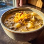 A close-up of a bowl of delicious cheeseburger soup, featuring ground beef, potatoes, and topped with melted cheddar cheese.