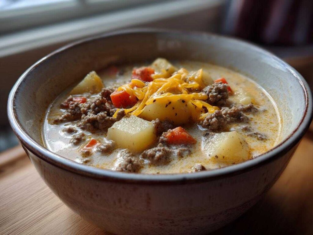A close-up of a bowl of creamy cheeseburger soup, filled with chunks of potato, ground beef, and carrots, topped with shredded cheddar cheese.