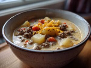 A close-up of a bowl of creamy cheeseburger soup, filled with chunks of potato, ground beef, and carrots, topped with shredded cheddar cheese.