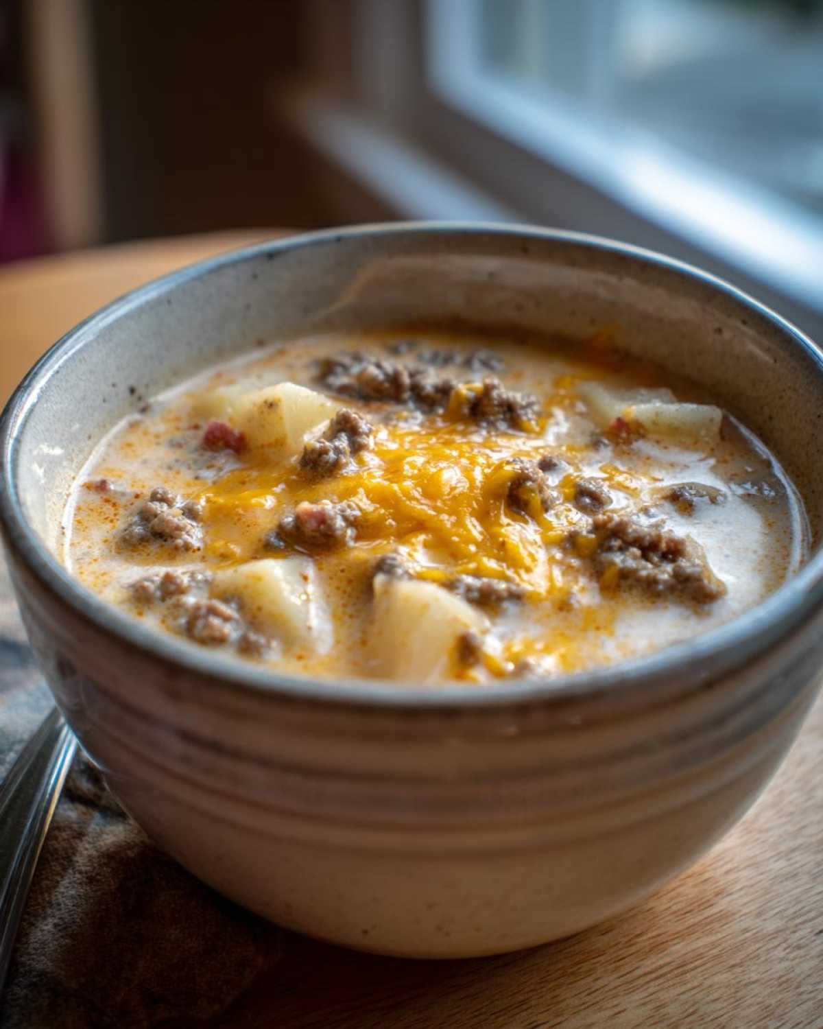 A close-up of a bowl of hearty cheeseburger soup, topped with melted cheddar cheese and ground beef.