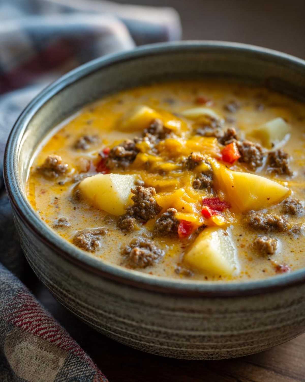 A close-up view of a bowl of delicious cheeseburger soup, featuring tender potatoes, savory ground beef, and melted cheddar cheese.