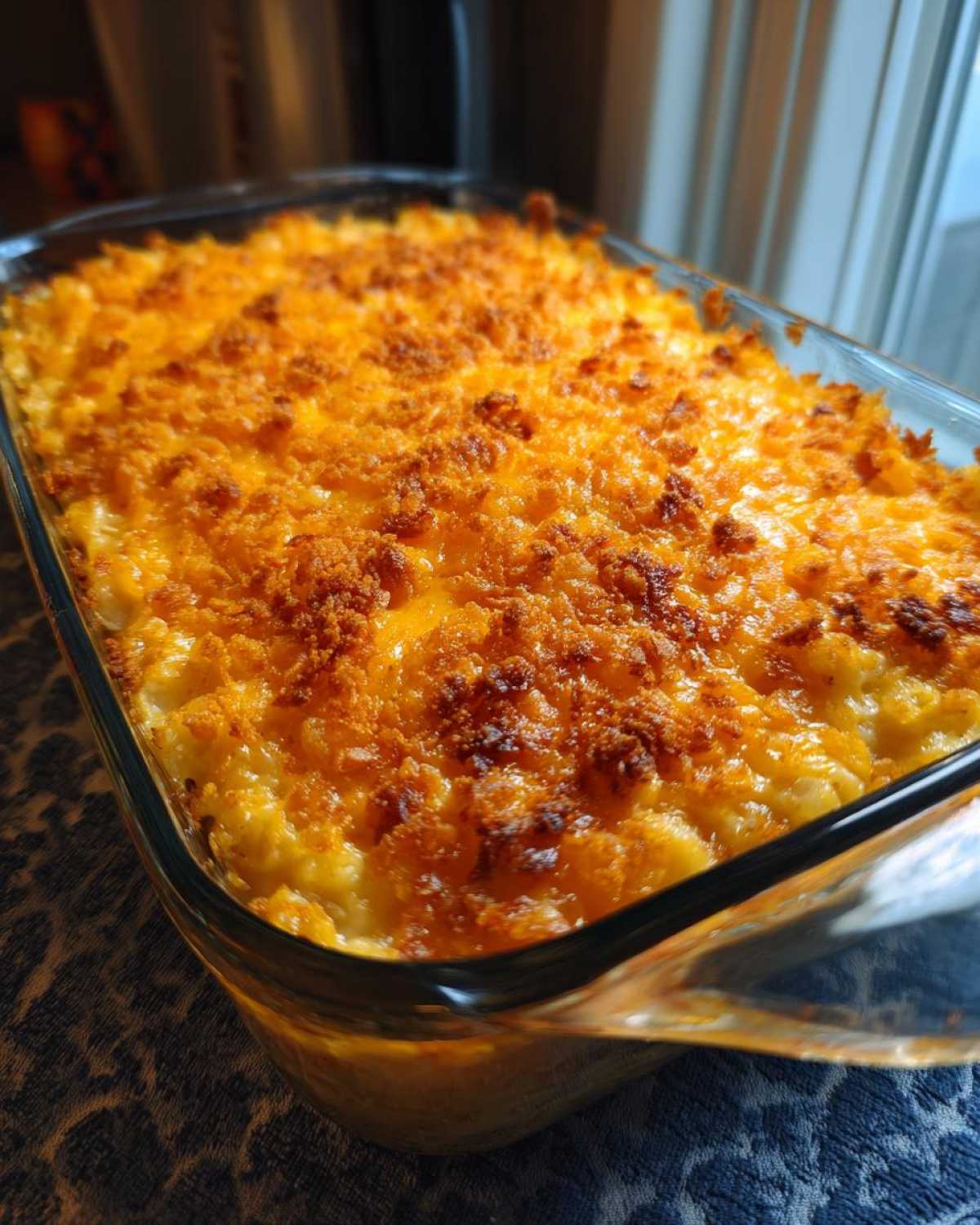 Close-up of a golden-brown, cheesy hashbrown casserole baked in a glass dish, topped with crunchy breadcrumbs.