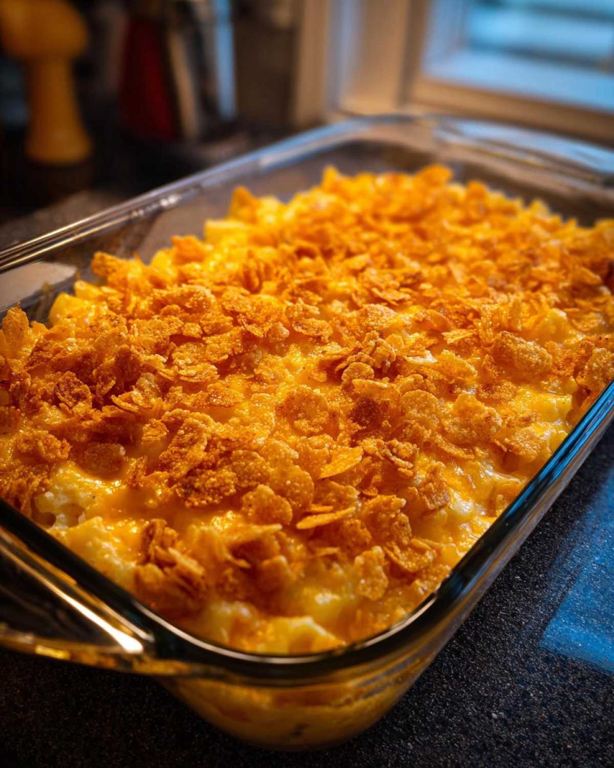 A close-up of a cheesy hashbrown casserole topped with crunchy cornflakes in a glass baking dish.