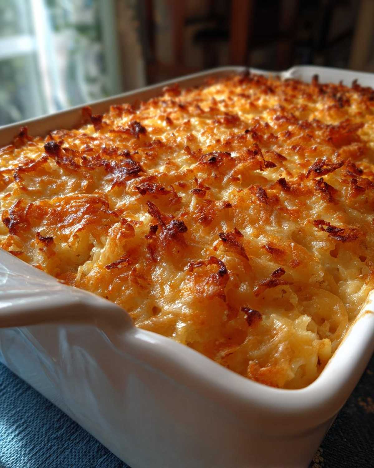 Close-up of a golden brown, bubbly hashbrown casserole with a crispy, cheesy topping.