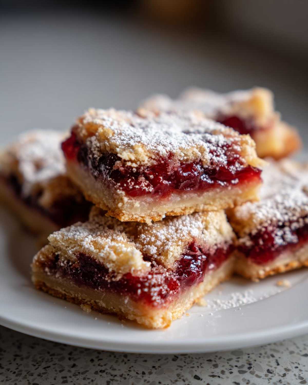 A stack of homemade cherry pie bars dusted with powdered sugar, showcasing the cherry filling and crumble topping.
