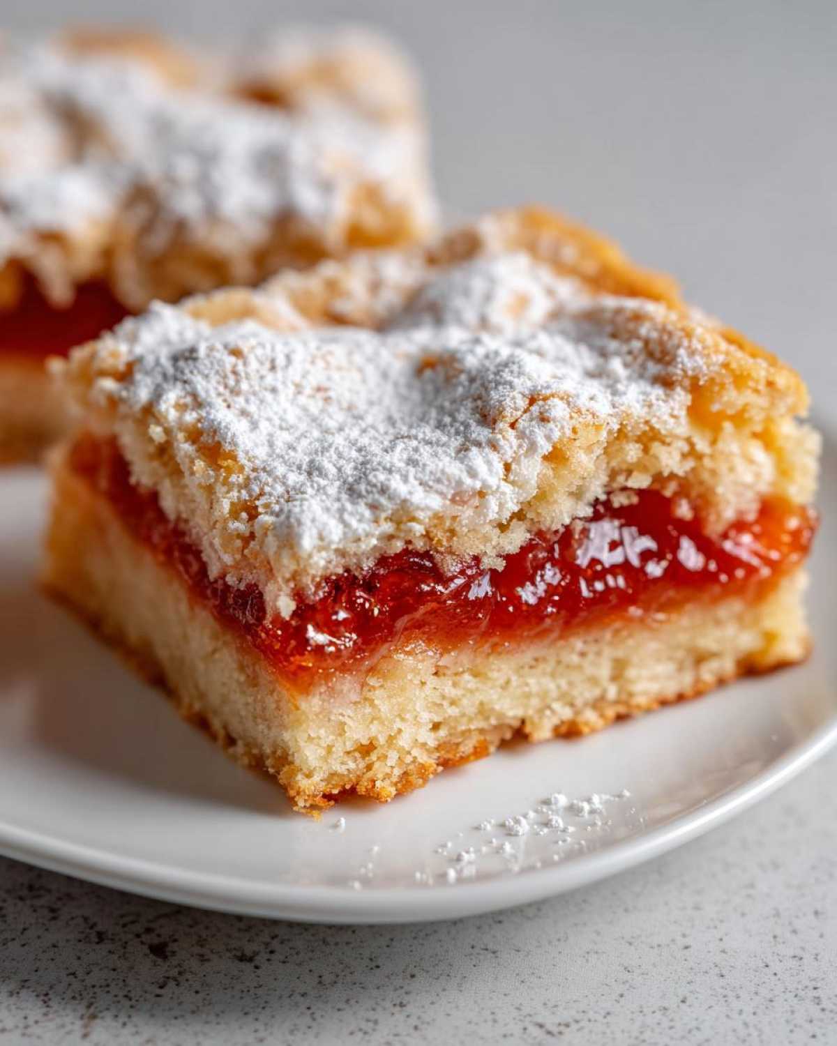 Close-up of a cherry pie bar topped with powdered sugar, showcasing the cherry filling and crust.