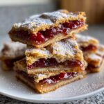 A stack of homemade cherry pie bars dusted with powdered sugar on a white plate.