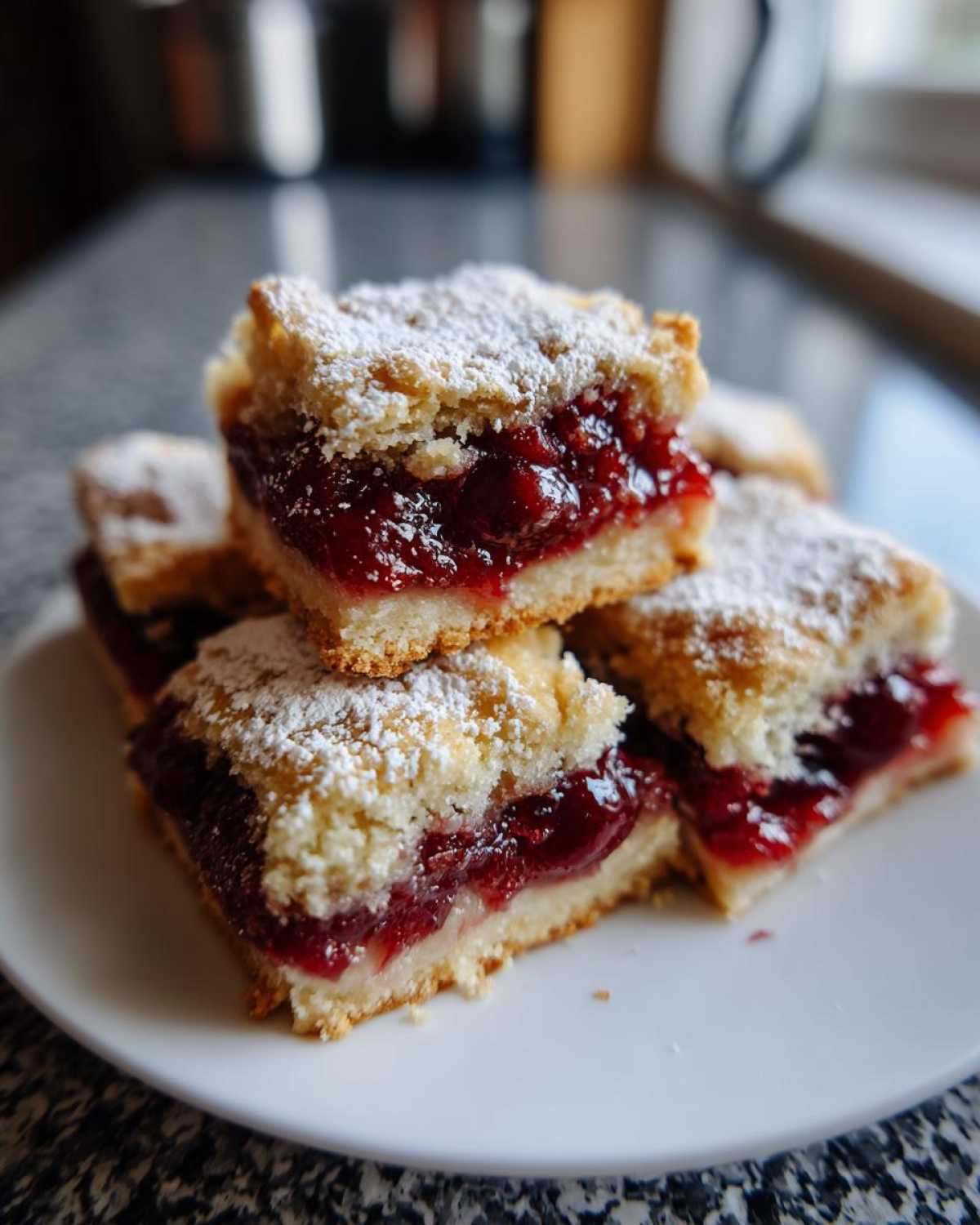 A stack of homemade cherry pie bars dusted with powdered sugar, showcasing the cherry filling.