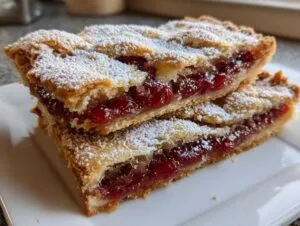 Two cherry pie bars stacked on a white plate, dusted with powdered sugar. Delicious cherry pie bars!