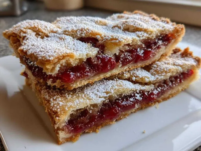 Two cherry pie bars stacked on a white plate, dusted with powdered sugar. Delicious cherry pie bars!