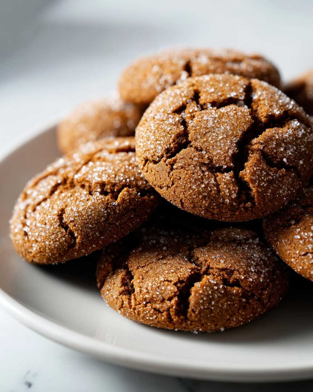 A close-up of a pile of chewy molasses cookies, coated in sparkling sugar crystals.