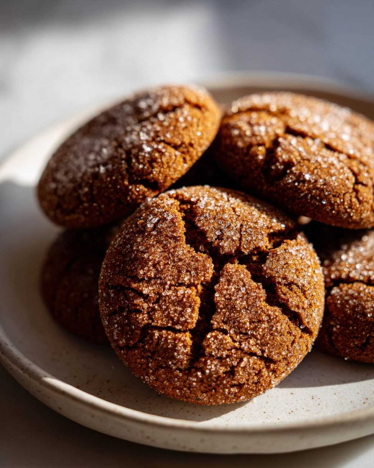 Close-up of several chewy molasses cookies, coated in sparkling sugar, on a textured plate.