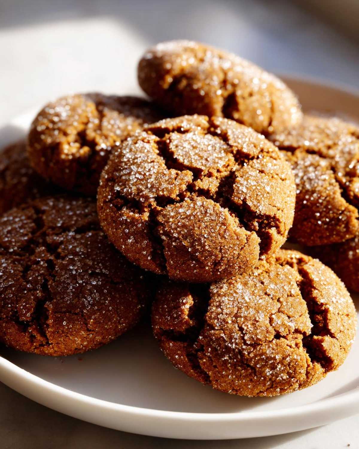A close-up of several chewy molasses cookies, generously coated in sparkling sugar.
